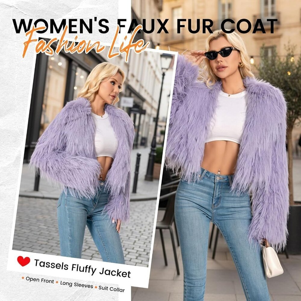 Women's Purplegrey Plus Size Faux Fur Coat Cropped Fluffy Fuzzy Jacket Fall Coat - Picture 3 of 4